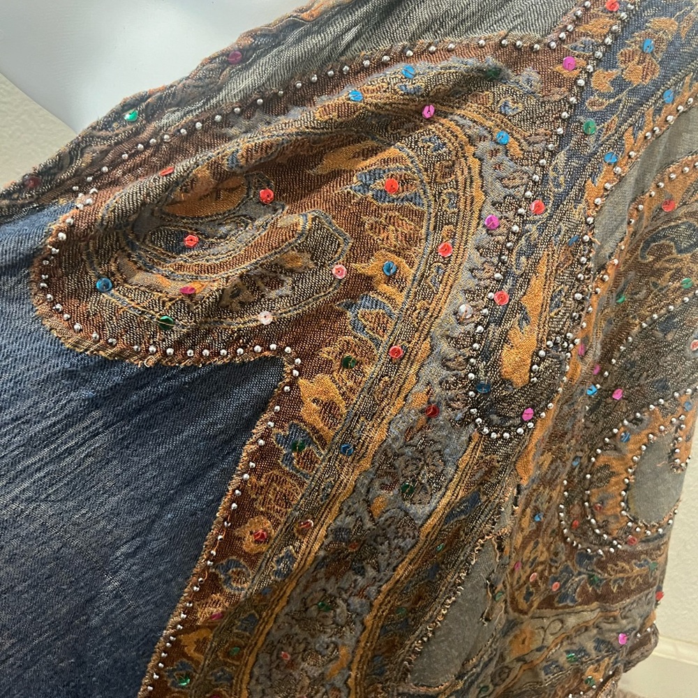 Raj Boho Embroidered & Sequined Long Sari Style Scarf Multicolor - Picture 6 of 6